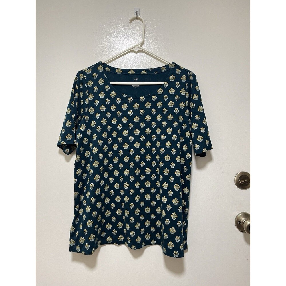 J. Jill Women’s Floral Green And yellow Short Sleeve Shirt Medium Pima Scoop Nec